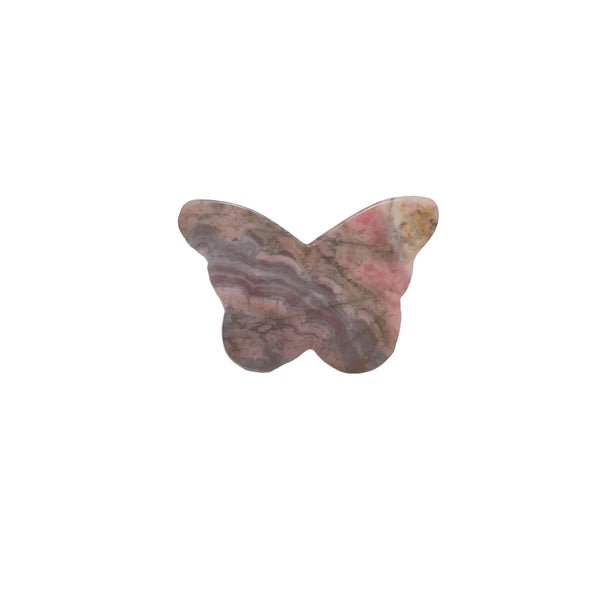 Side view of rhodonite butterfly crystal carving showing natural pink stone patterns