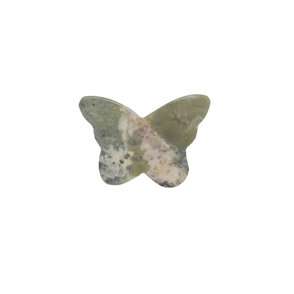 Pink rhodonite butterfly crystal carving top view showing floral patterns