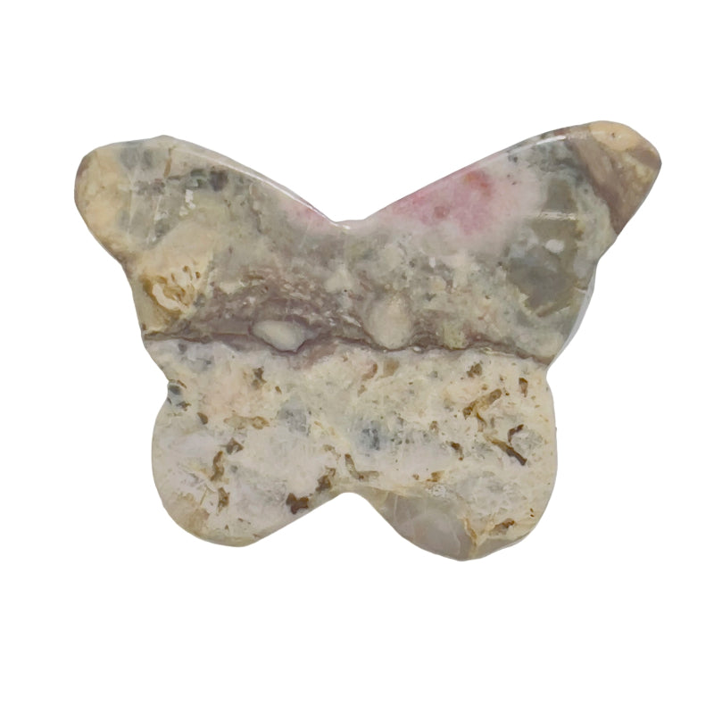 Rhodonite butterfly carving on display stand for crystal shops