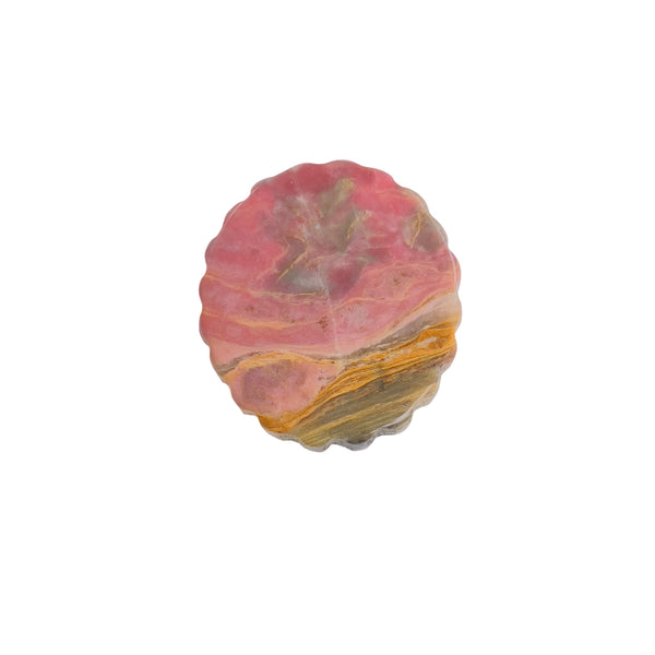 Reverse side of pink Rhodonite crystal carving showing natural stone patterns