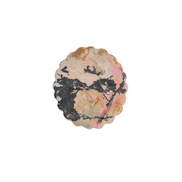 Front view of Magical Girl Rhodonite Crystal showing pink and black patterns