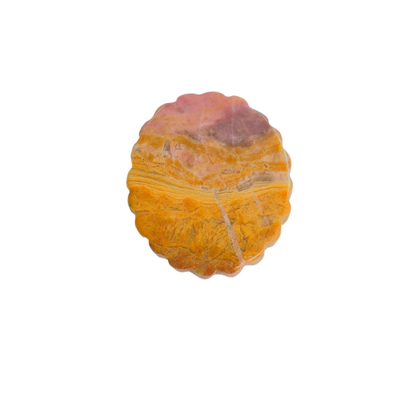 Front view of magical girl carved rhodonite crystal showing detailed facial features