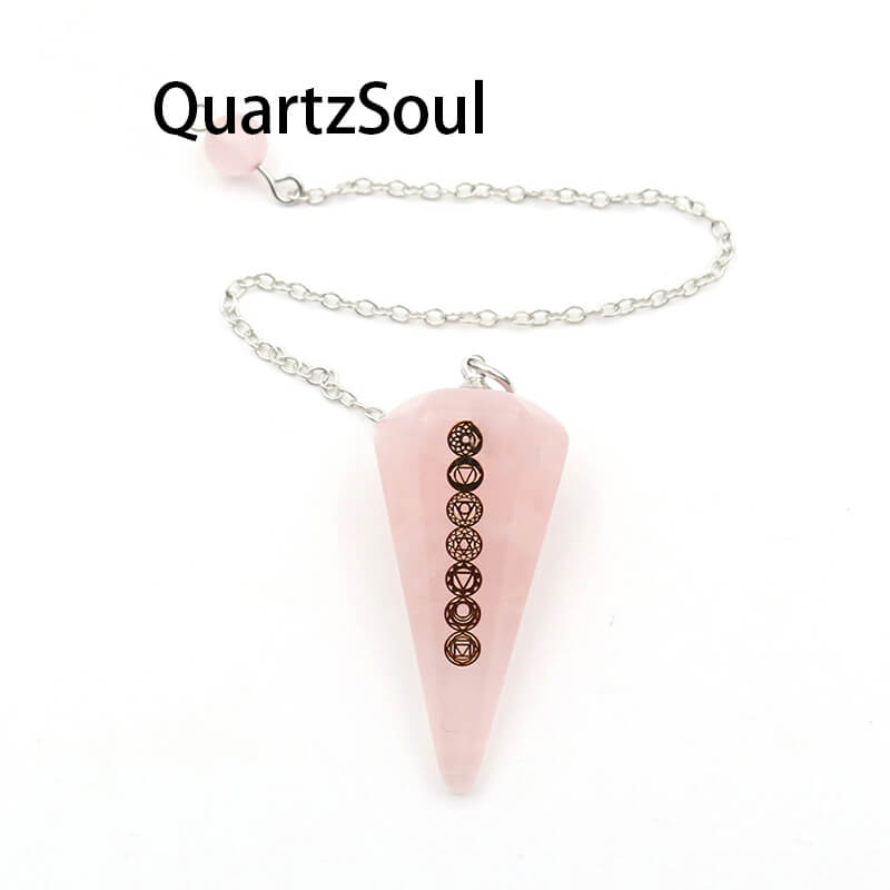 Rose Quartz Crystal Pendulum with Chakra Symbols for Healing and Intuition