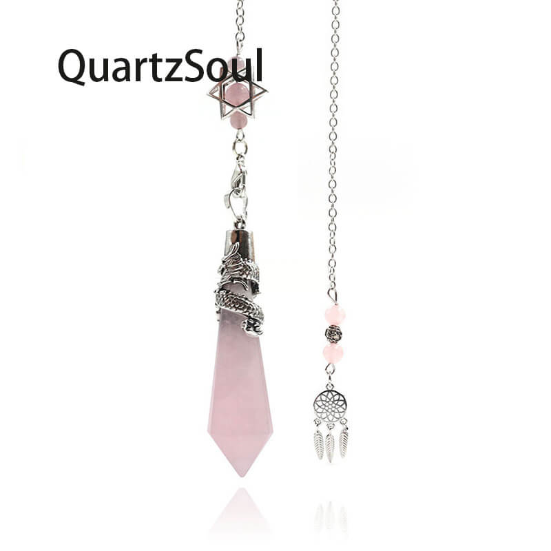 Rose Quartz Crystal Pendulum for Divination with Dragon Design