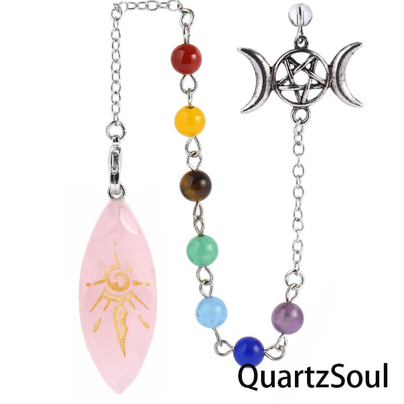 Rose Quartz Crystal Pendulum with Seven Chakra Stones and Triple Moon Symbol