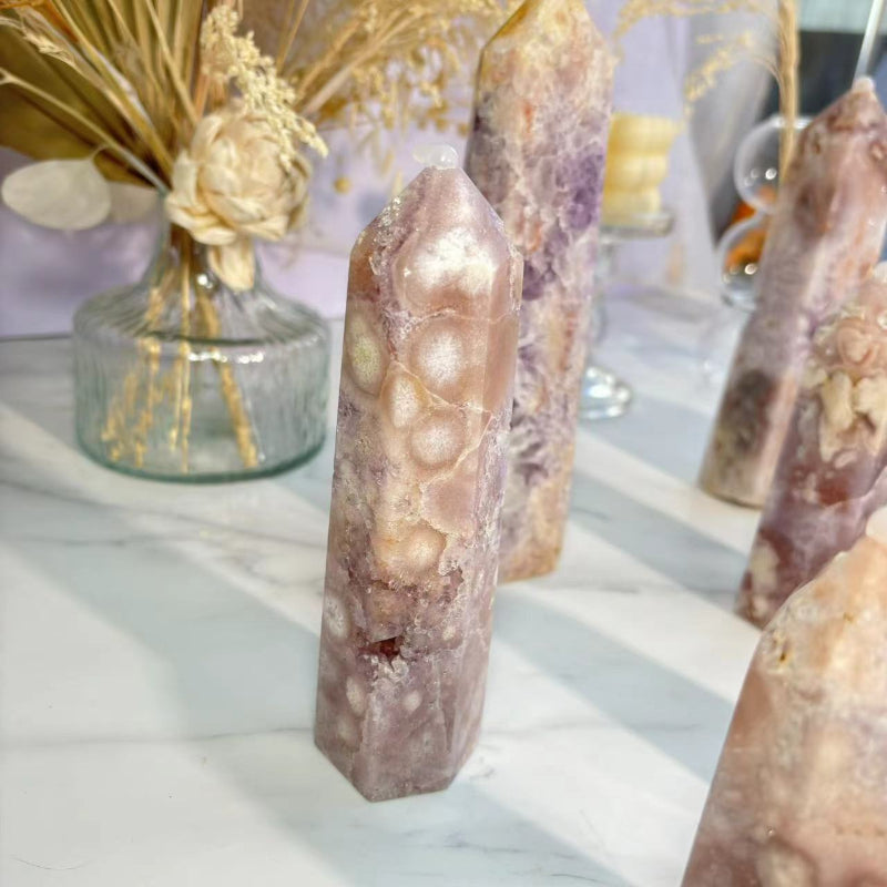 Sakura Agate Tower for Heart Chakra Healing and Balance