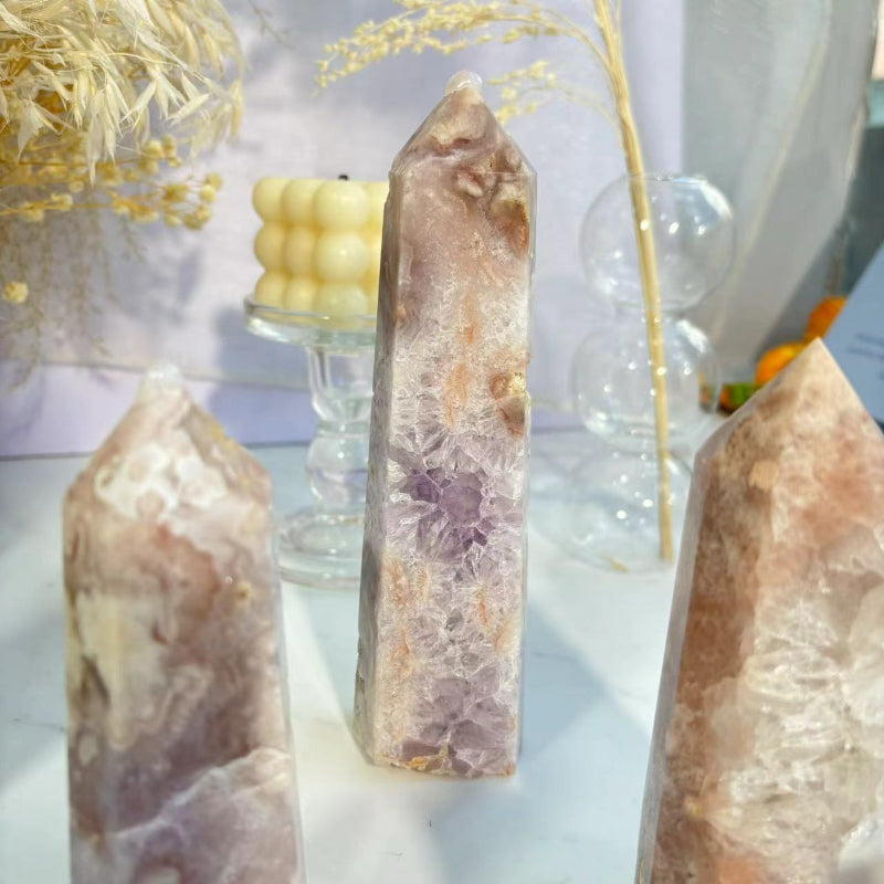 Decorative Sakura Agate Tower for Elegant Home Crystal Display