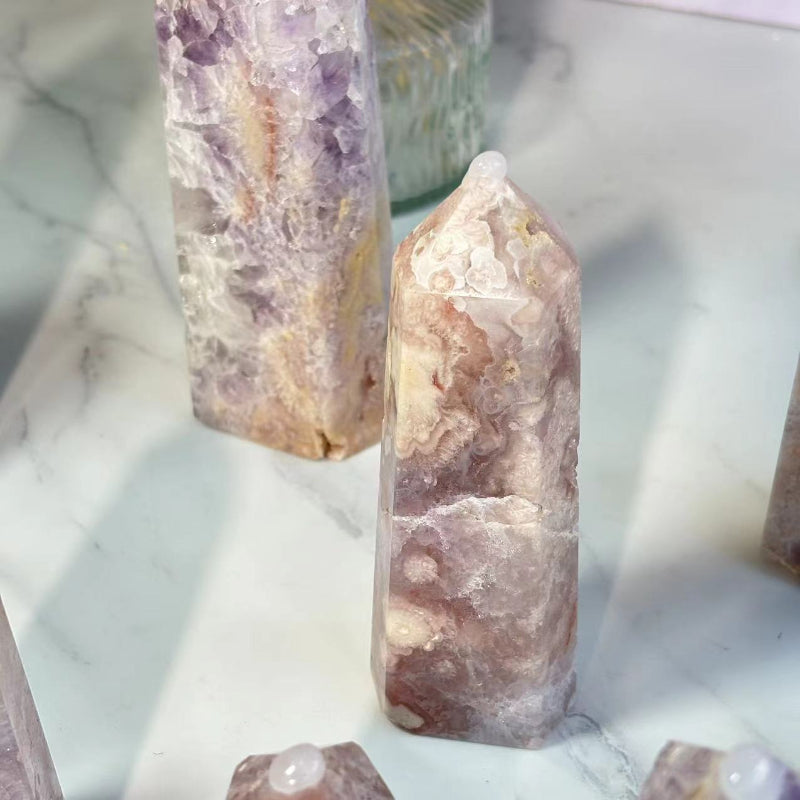 Beautiful Pink Banding Patterns in Sakura Agate Crystal Tower