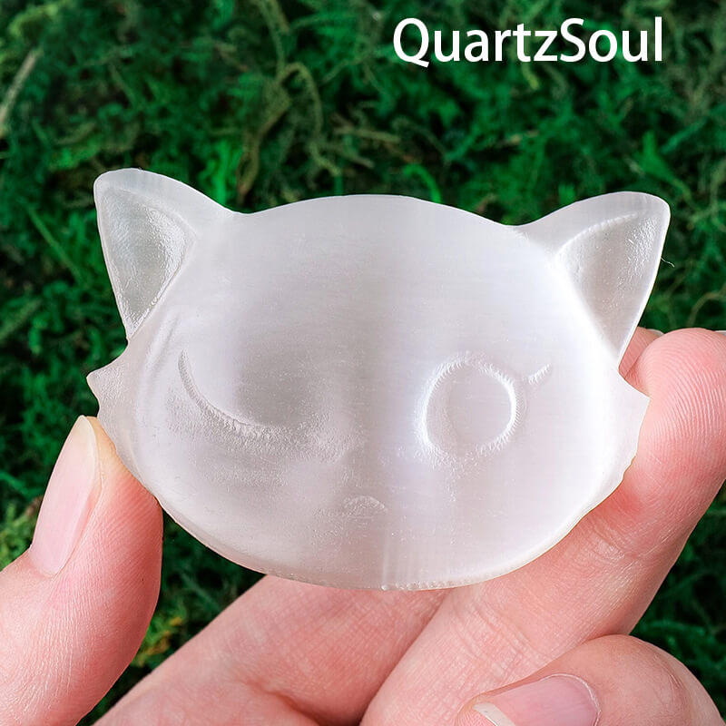 Translucent Selenite Cat Crystal Palm Stone