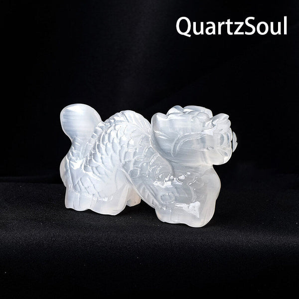Intricate Selenite Crystal Dragon Carving Close-up