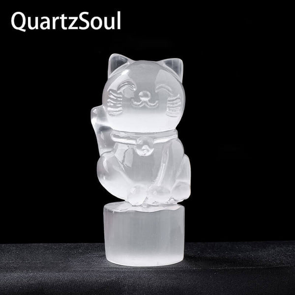 Detailed Selenite Crystal Lucky Cat Side View
