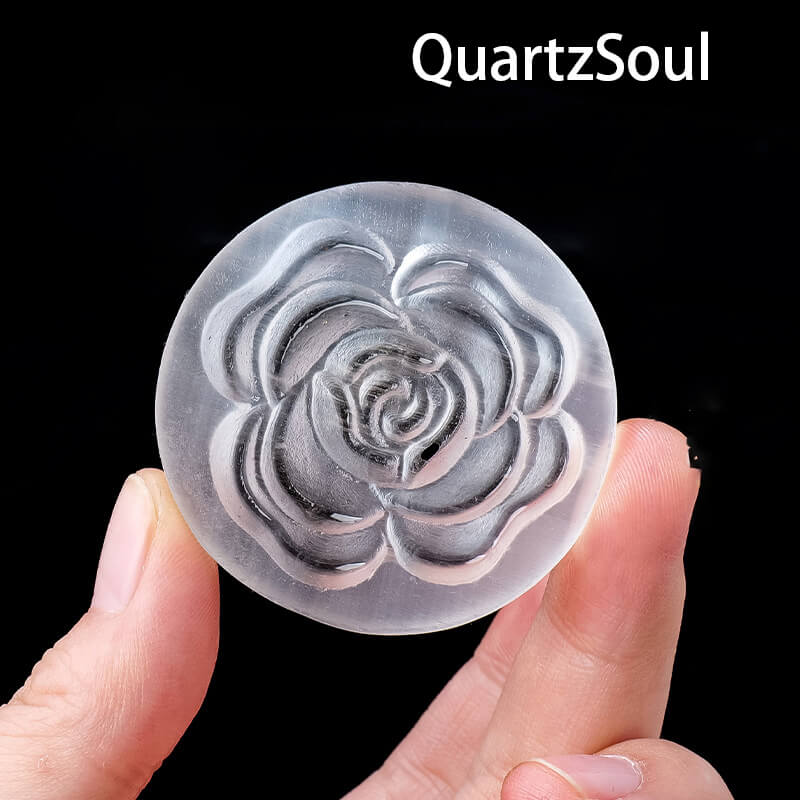 Selenite Crystal Palm Stone with Intricate Rose Pattern