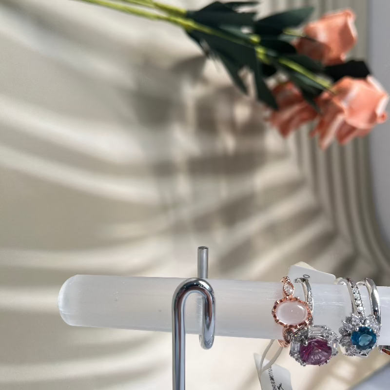 Natural selenite crystal ring holder display for jewelry organization