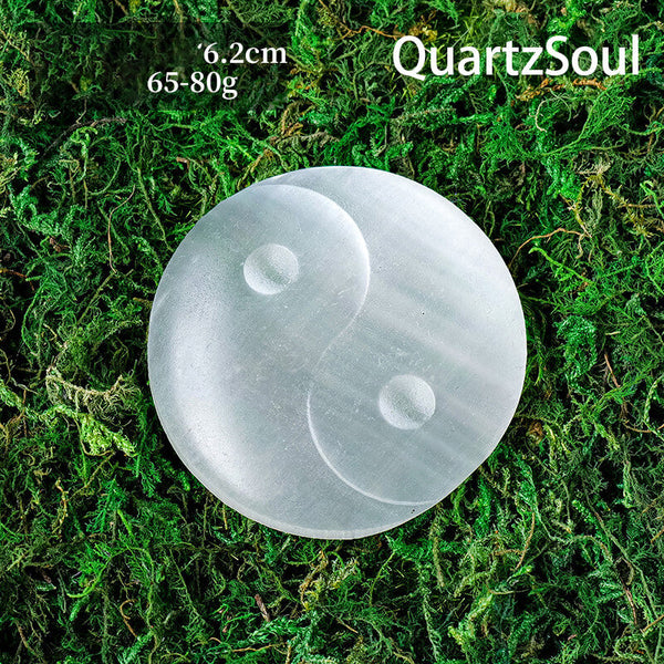 Selenite Crystal Yin Yang Palm Stone on Green Moss