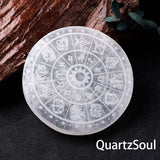 White Selenite Crystal Disc with Zodiac Symbols