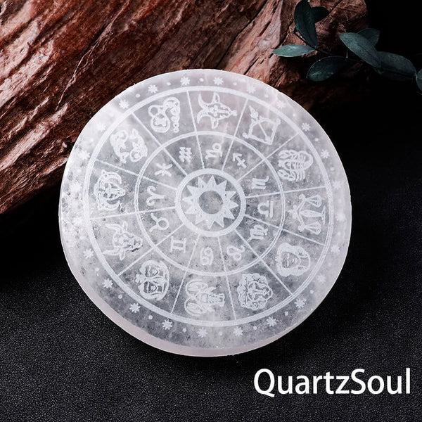 White Selenite Crystal Disc with Zodiac Symbols