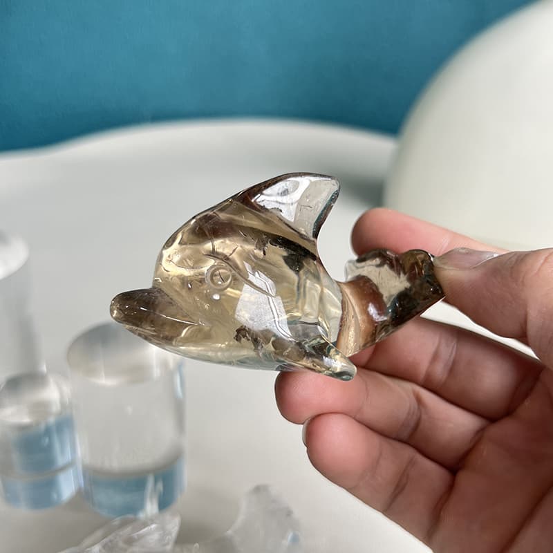 Smoky Quartz Flying Fish Crystal Carving Side View