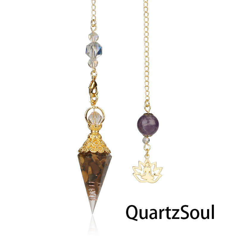 Tiger eye crystal pendulum with spiritual lotus charm