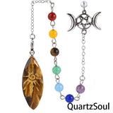 Tiger Eye Crystal Pendulum with Seven Chakra Stones and Triple Moon Symbol