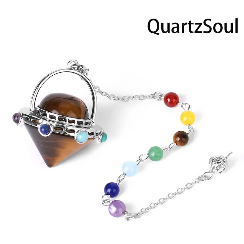Tiger Eye UFO Crystal Pendulum with Chakra Gemstone Chain