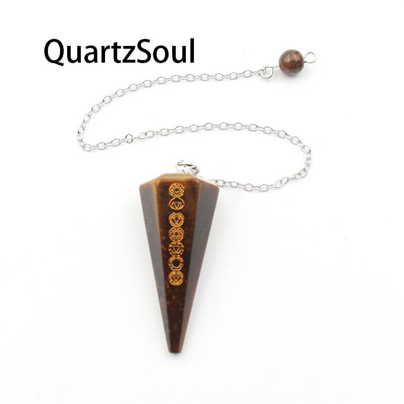 Tiger's Eye Crystal Pendulum with Chakra Symbols for Protection and Clarity