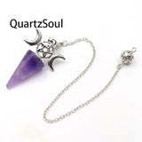 Amethyst crystal pendulum with pentagram and moon charms for spiritual divination