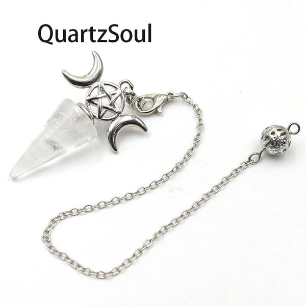 Clear quartz crystal pendulum with pentagram and crescent moon charms