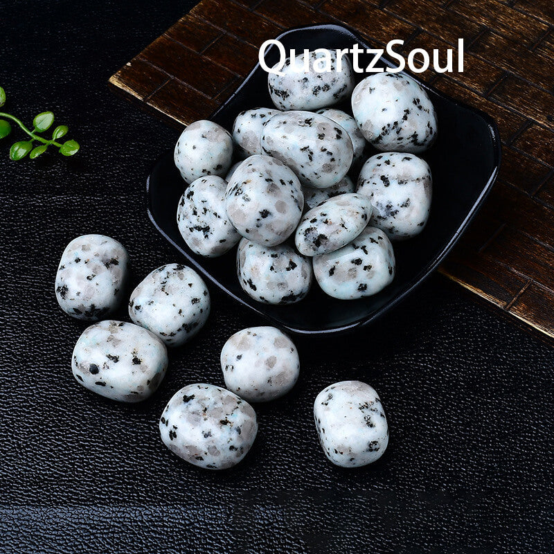 White Labradorite Tumbled Crystal Stones in Black Display Bowl
