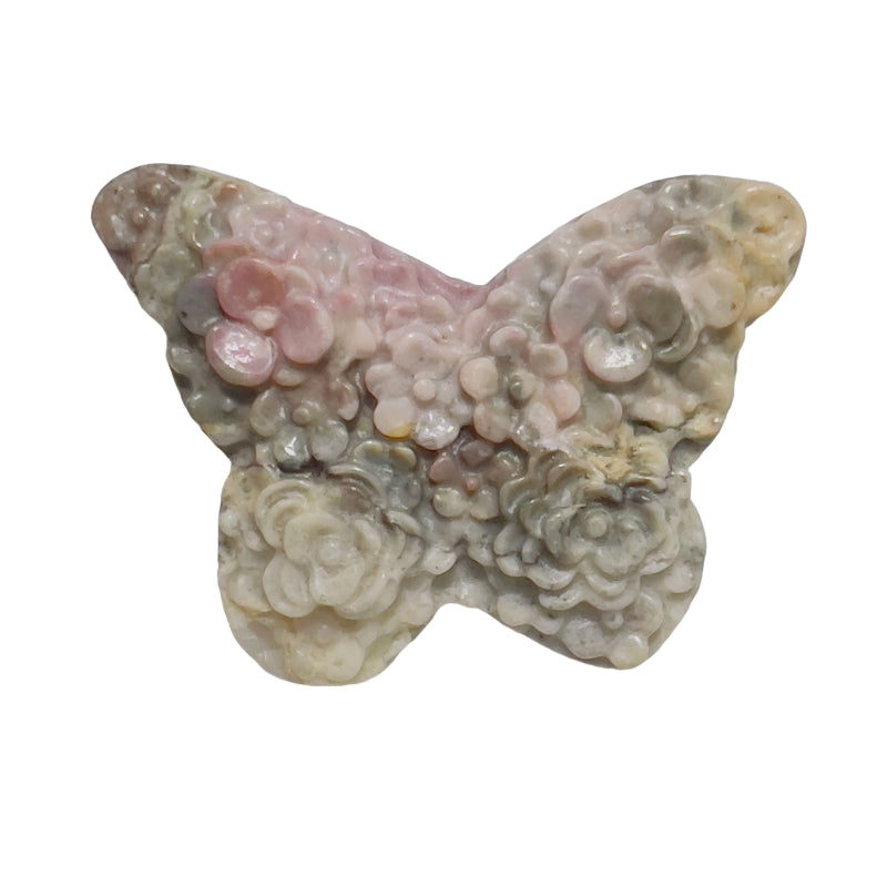 Group of Rhodonite butterfly carvings showing wholesale crystal variety
