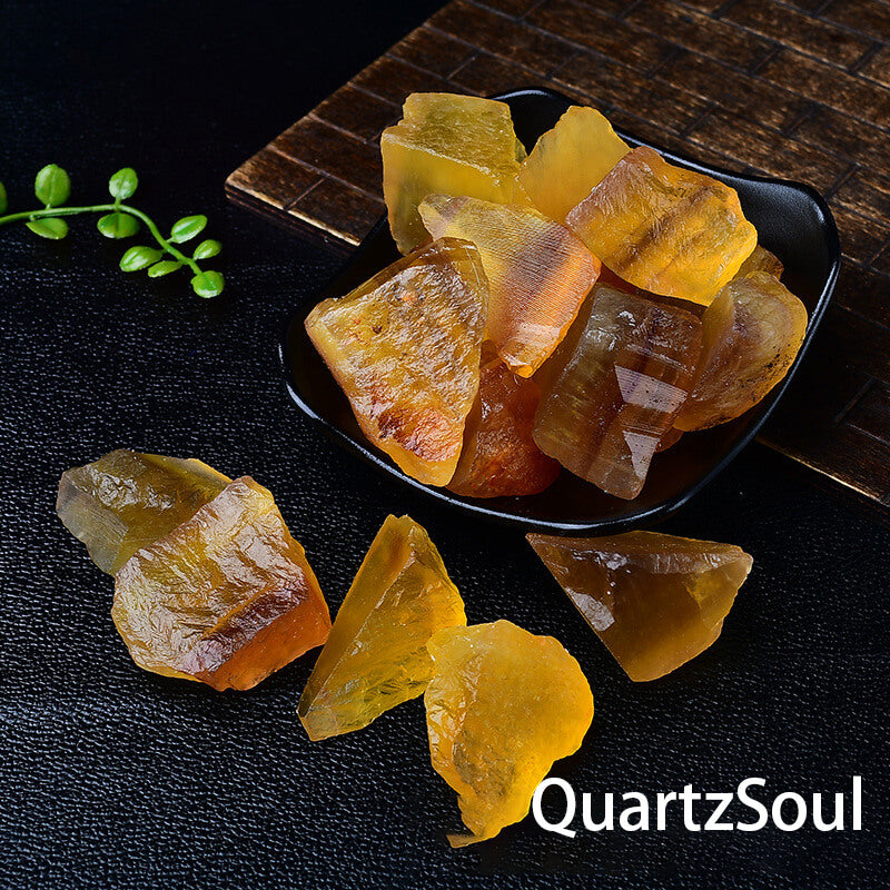 Yellow Fluorite Raw Crystals in Black Display Dish for Home Decor