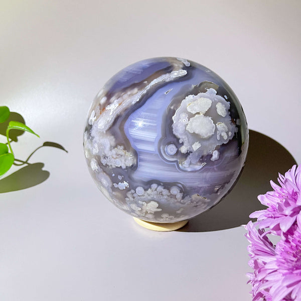 Black Flower Agate Crystal Sphere with Purple Blue Patterns