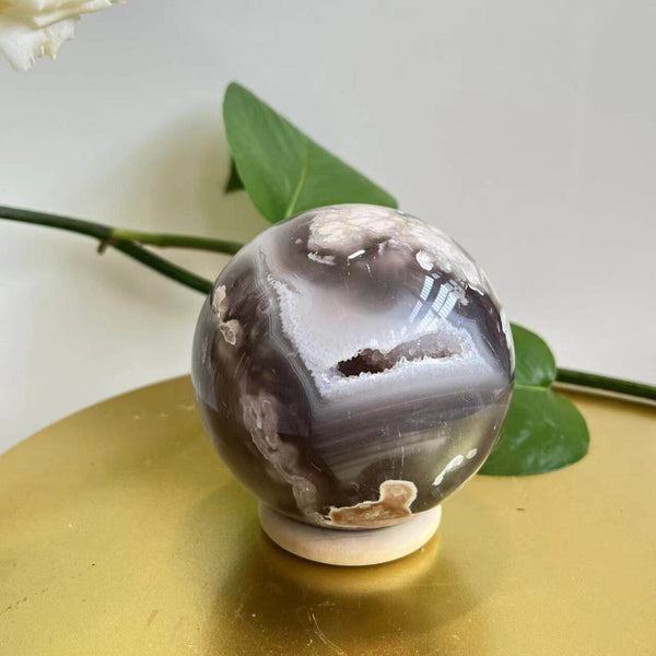 Premium Black Flower Agate Crystal Sphere with natural floral patterns