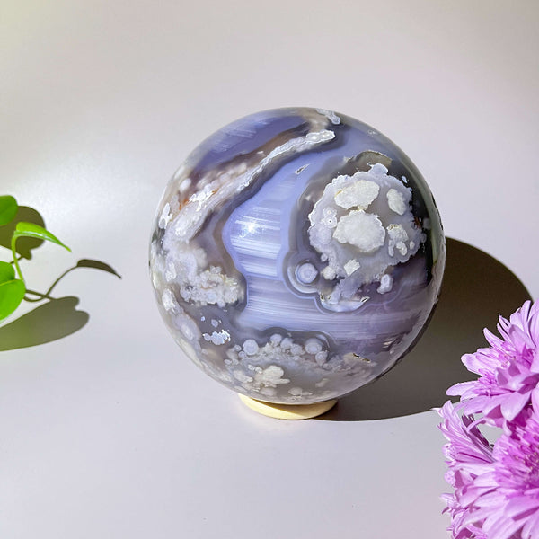Complete View of Polished Black Flower Agate Crystal Sphere