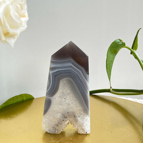 Natural blue banded agate with sparkling druzy quartz crystal formation