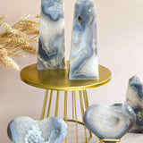 Blue Flower Agate Crystal Towers on Gold Display Stand with Heart Specimens