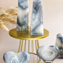 Blue Flower Agate Crystal Towers on Gold Display Stand with Heart Specimens