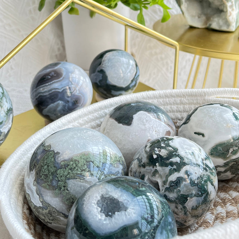 Natural Green Moss Agate Sphere Crystal with Forest Patterns