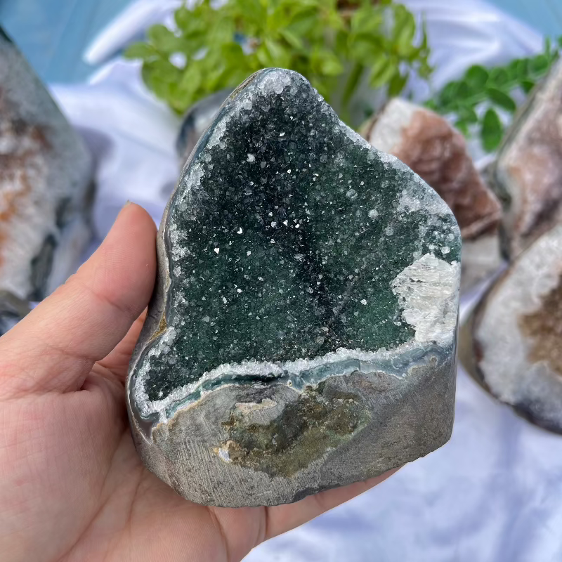 Premium green sugar druzy crystal freeform cluster display piece