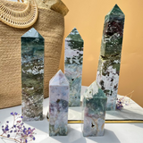 Natural moss agate crystal point tower with green earth patterns for healing