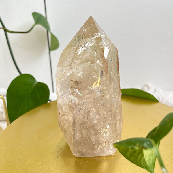 Natural citrine tower crystal displaying vibrant golden color
