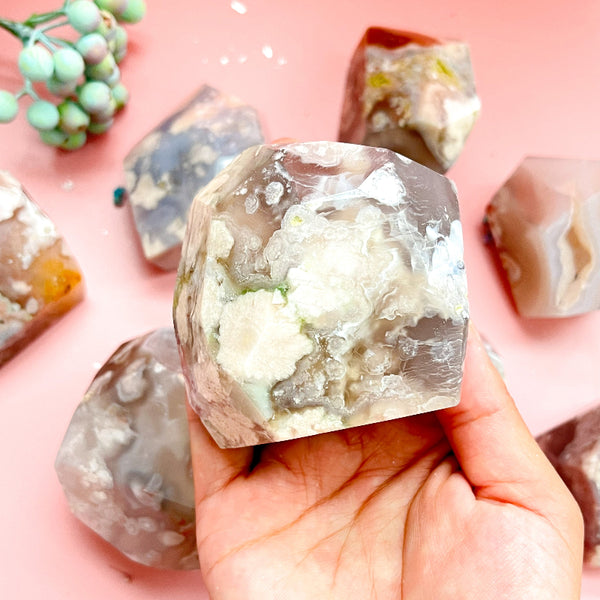 Natural Flower Agate Free Form Crystal with White Flower Inclusions