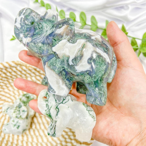 Handcrafted Green Moss Agate Elephant Carving with Natural Forest Pattern