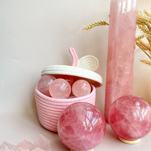 Premium Rose Quartz Sphere and Tower Set for Love Healing