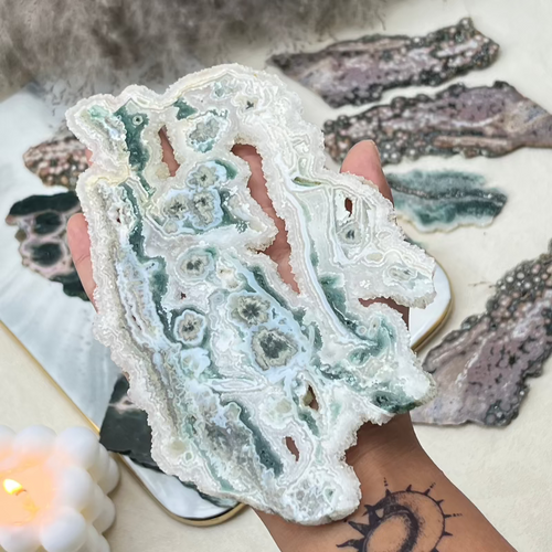 Rare 8th vein Ocean Jasper slice with orbicular patterns and green formations