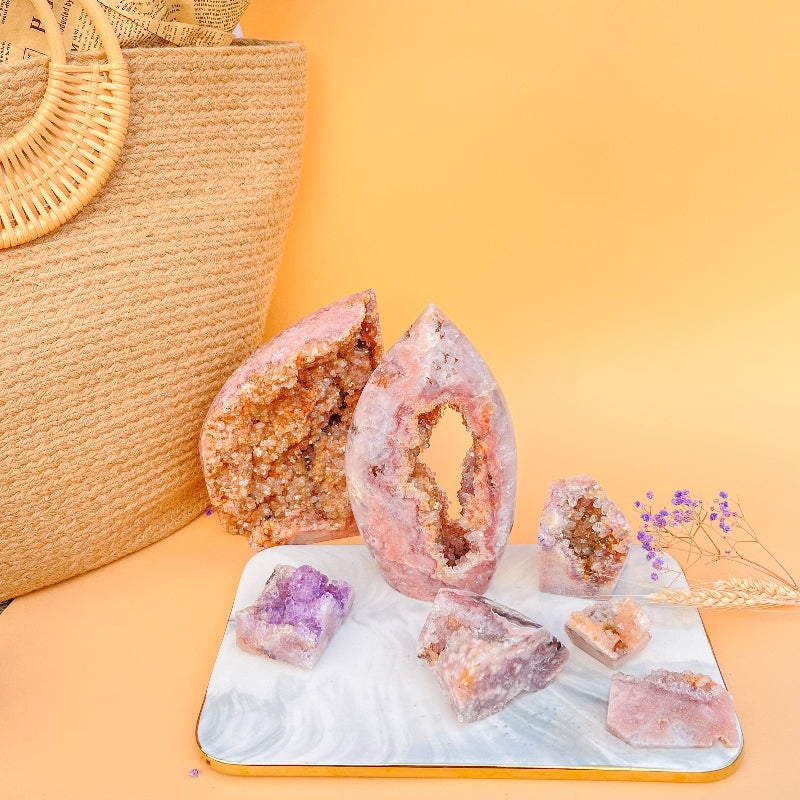 Close-up of pink amethyst druzy crystal showing detailed quartz formation