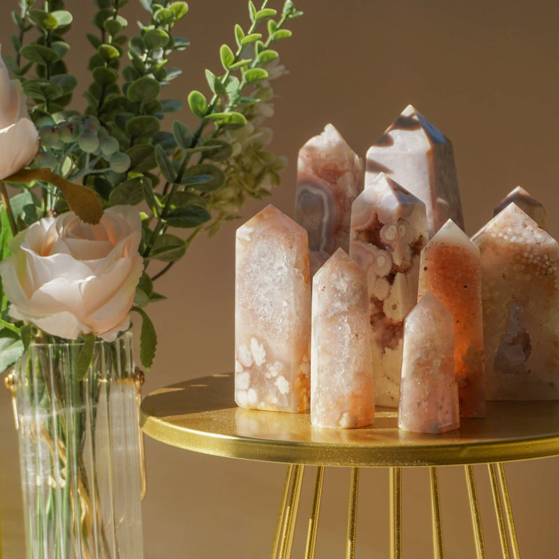 Natural Pink Amethyst and Flower Agate Crystal Healing Set with vibrant colors and unique patterns