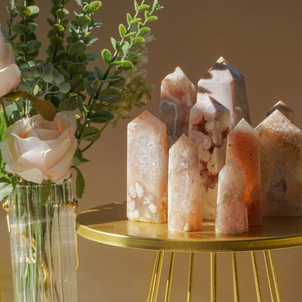 Natural Pink Amethyst and Flower Agate Crystal Healing Set with vibrant colors and unique patterns