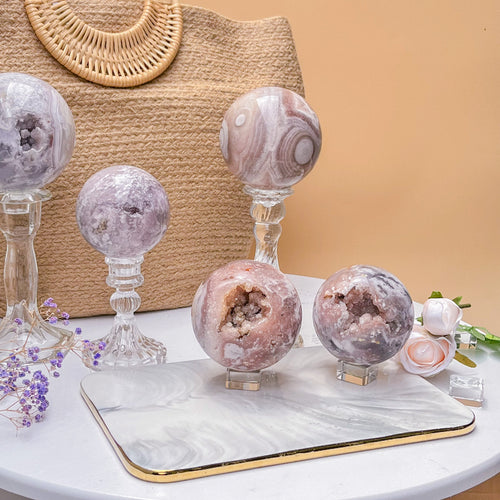 Pink Amethyst Flower Agate Sphere with unique floral patterns for crystal healing