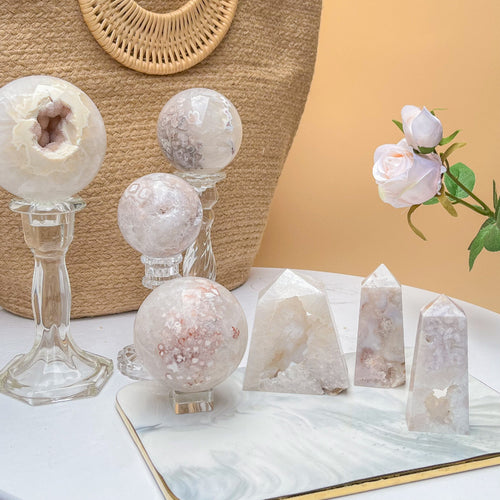 Premium Flower Agate Sphere with Pink Flowery Patterns for Crystal Healing and Home Decor
