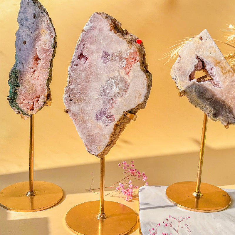 Premium Pink Amethyst Slab on Gold Display Stand Wholesale Crystal